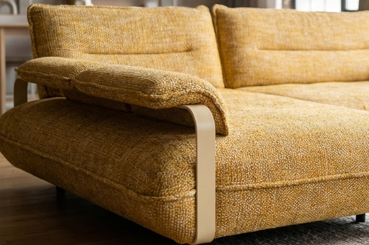 B-Ware KAWOLA Ecksofa ANISSA Stoff gelb manuelle Rückenverstellung Longchair links