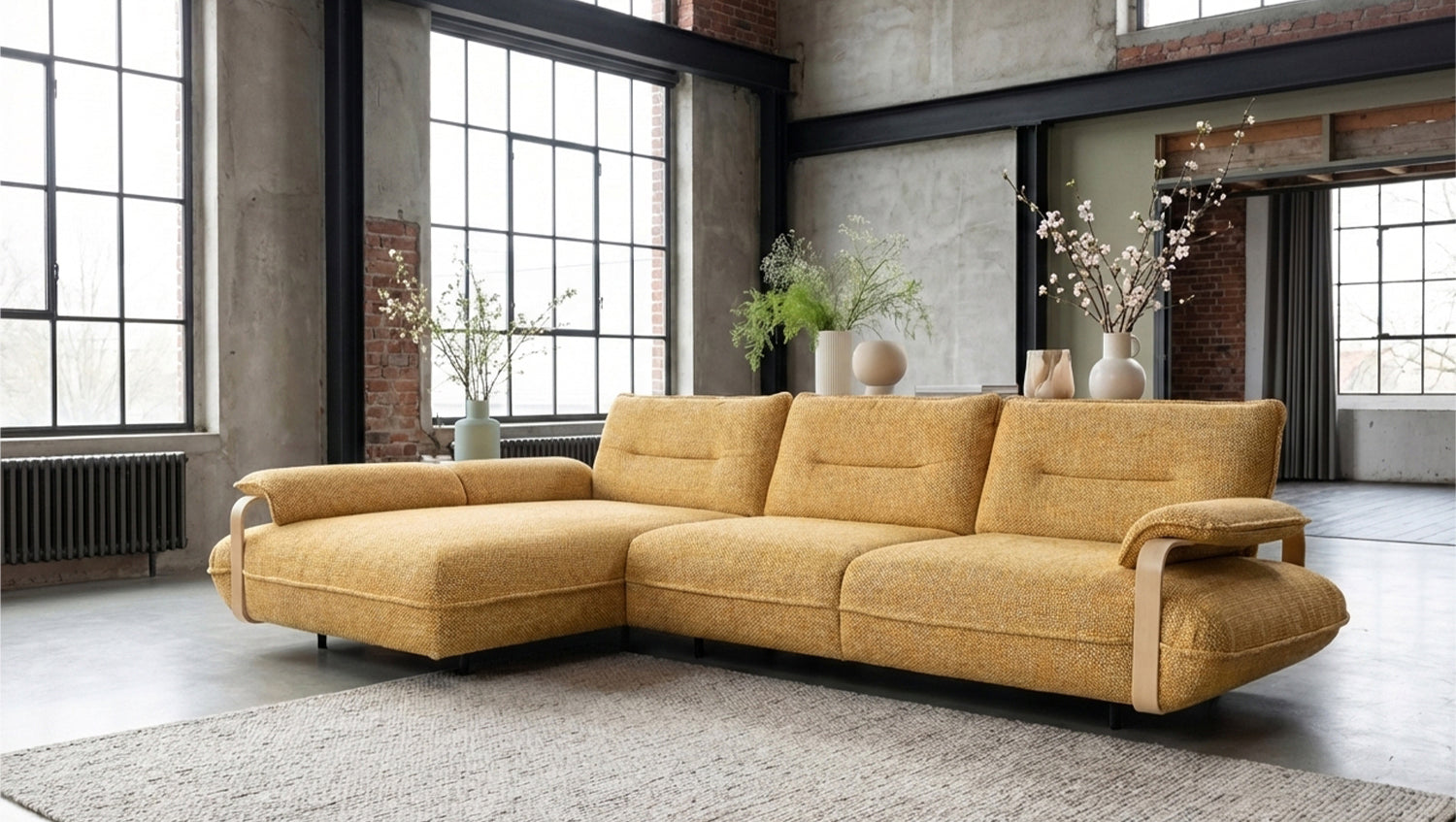 B-Ware KAWOLA Ecksofa ANISSA Stoff gelb manuelle Rückenverstellung Longchair links