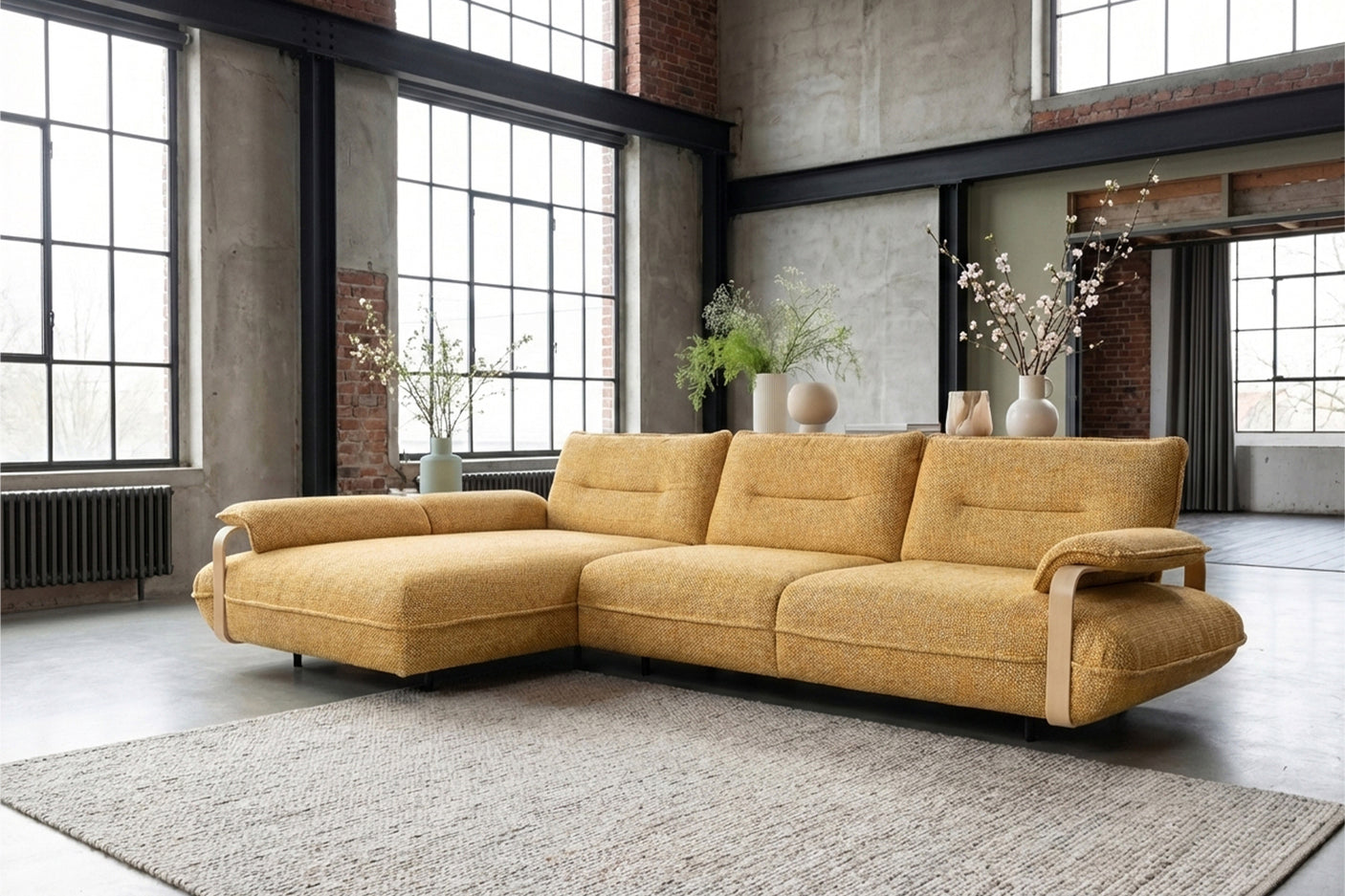 B-Ware KAWOLA Ecksofa ANISSA Stoff gelb manuelle Rückenverstellung Longchair links