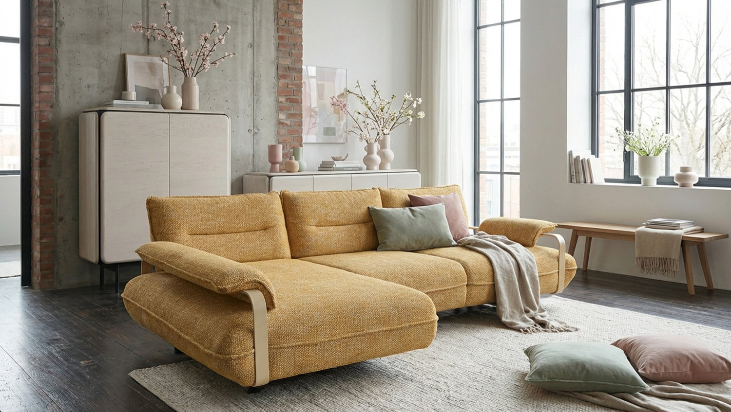 B-Ware KAWOLA Ecksofa ANISSA Stoff gelb manuelle Rückenverstellung Longchair links
