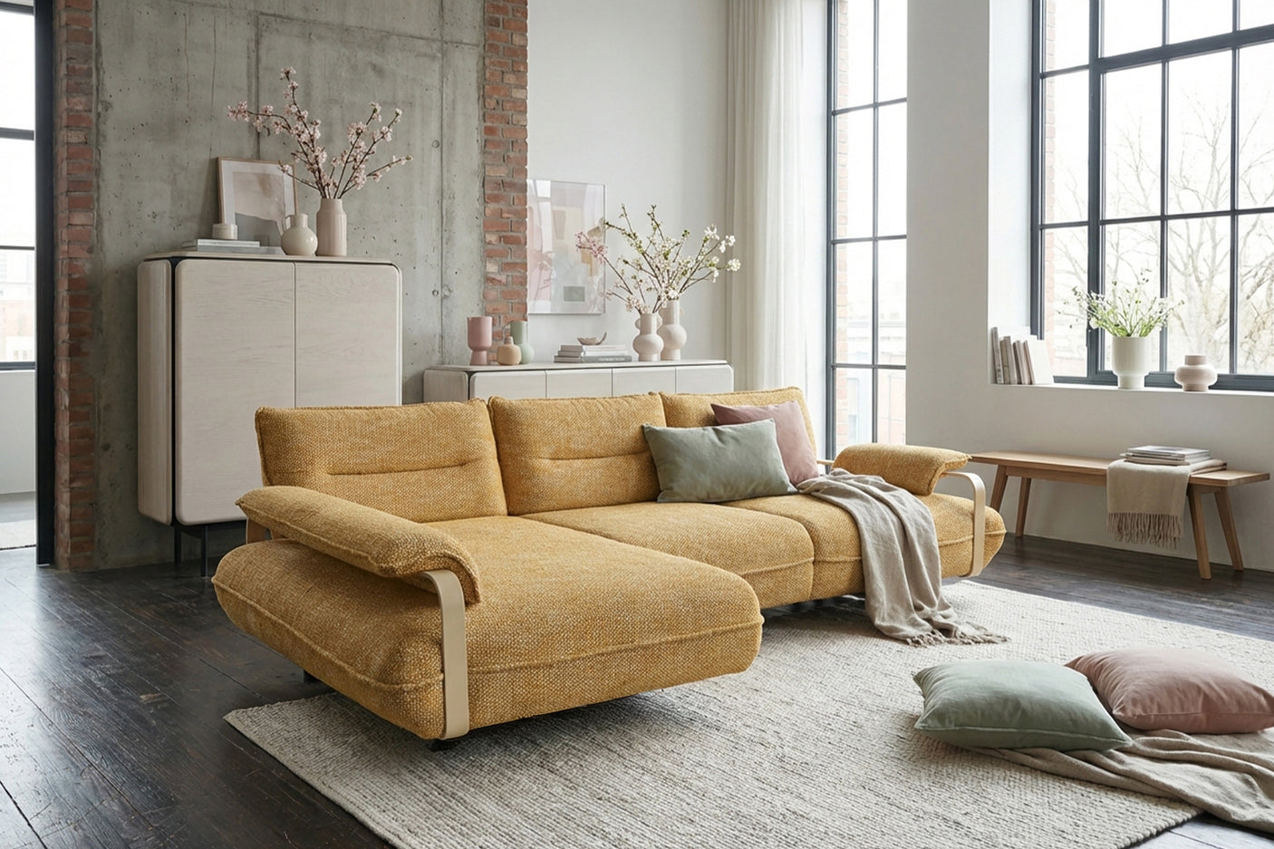 B-Ware KAWOLA Ecksofa ANISSA Stoff gelb manuelle Rückenverstellung Longchair links
