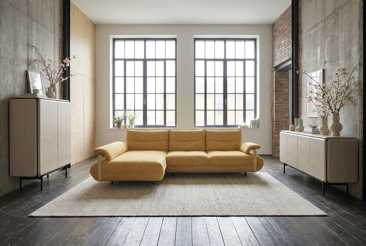 B-Ware KAWOLA Ecksofa ANISSA Stoff gelb manuelle Rückenverstellung Longchair links
