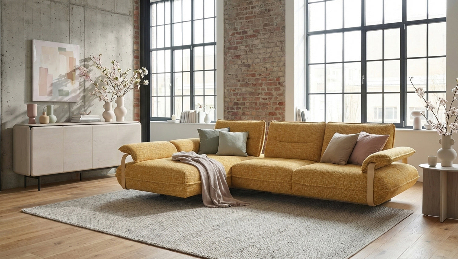 B-Ware KAWOLA Ecksofa ANISSA Stoff gelb manuelle Rückenverstellung Longchair links