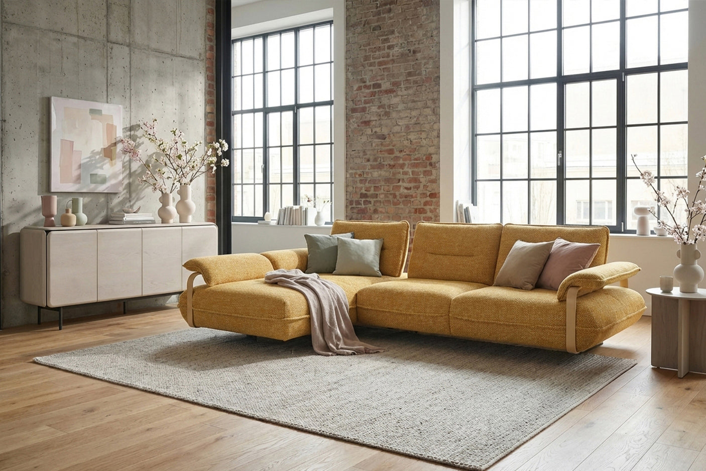 B-Ware KAWOLA Ecksofa ANISSA Stoff gelb manuelle Rückenverstellung Longchair links