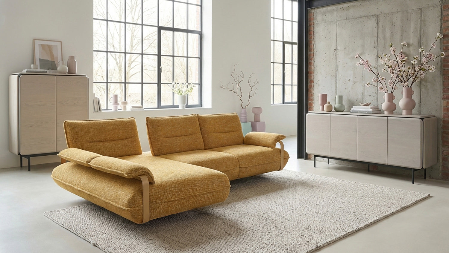 B-Ware KAWOLA Ecksofa ANISSA Stoff gelb manuelle Rückenverstellung Longchair links