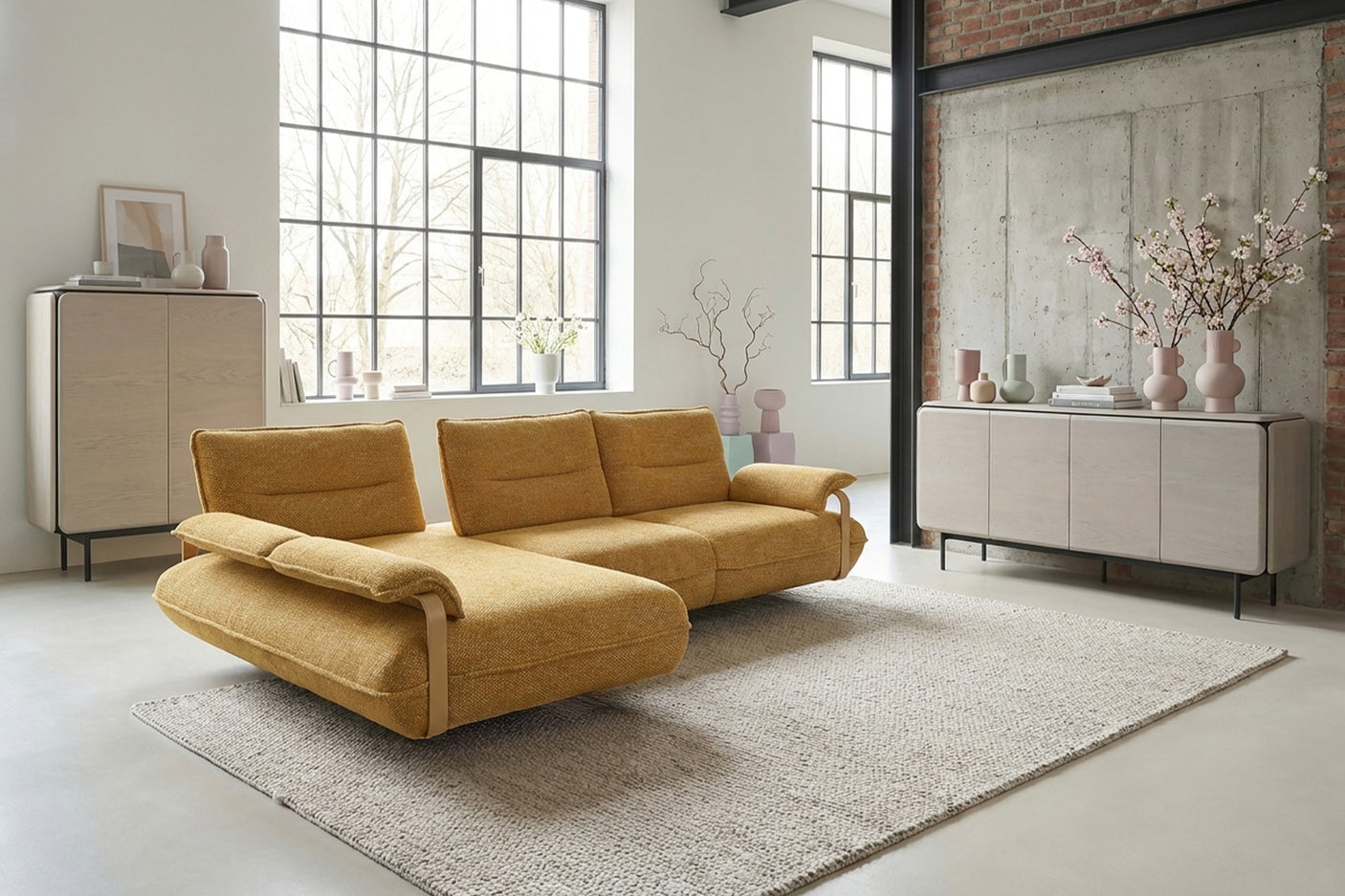 B-Ware KAWOLA Ecksofa ANISSA Stoff gelb manuelle Rückenverstellung Longchair links