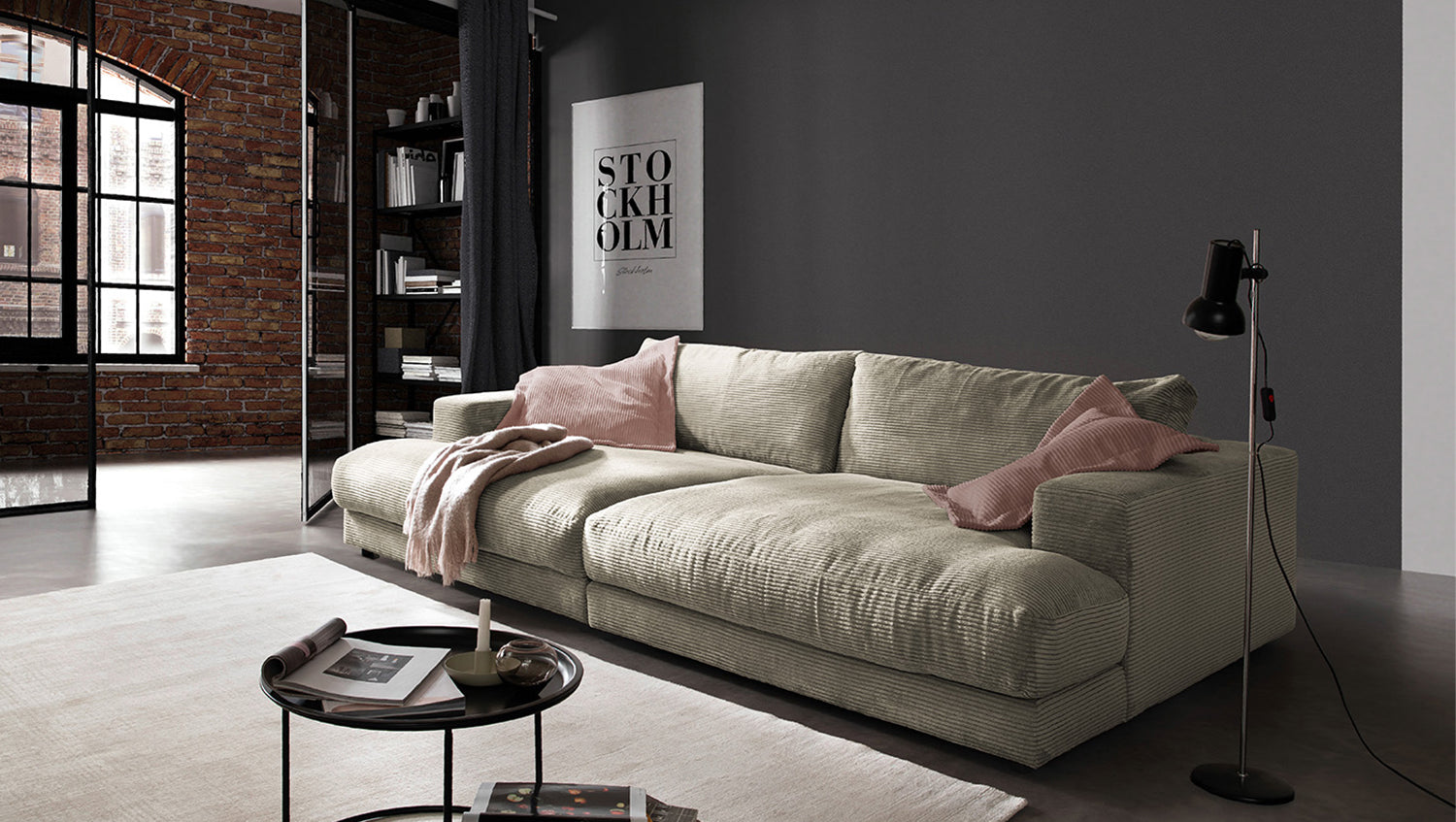 B-Ware KAWOLA Big Sofa MADELINE Cord steingrau