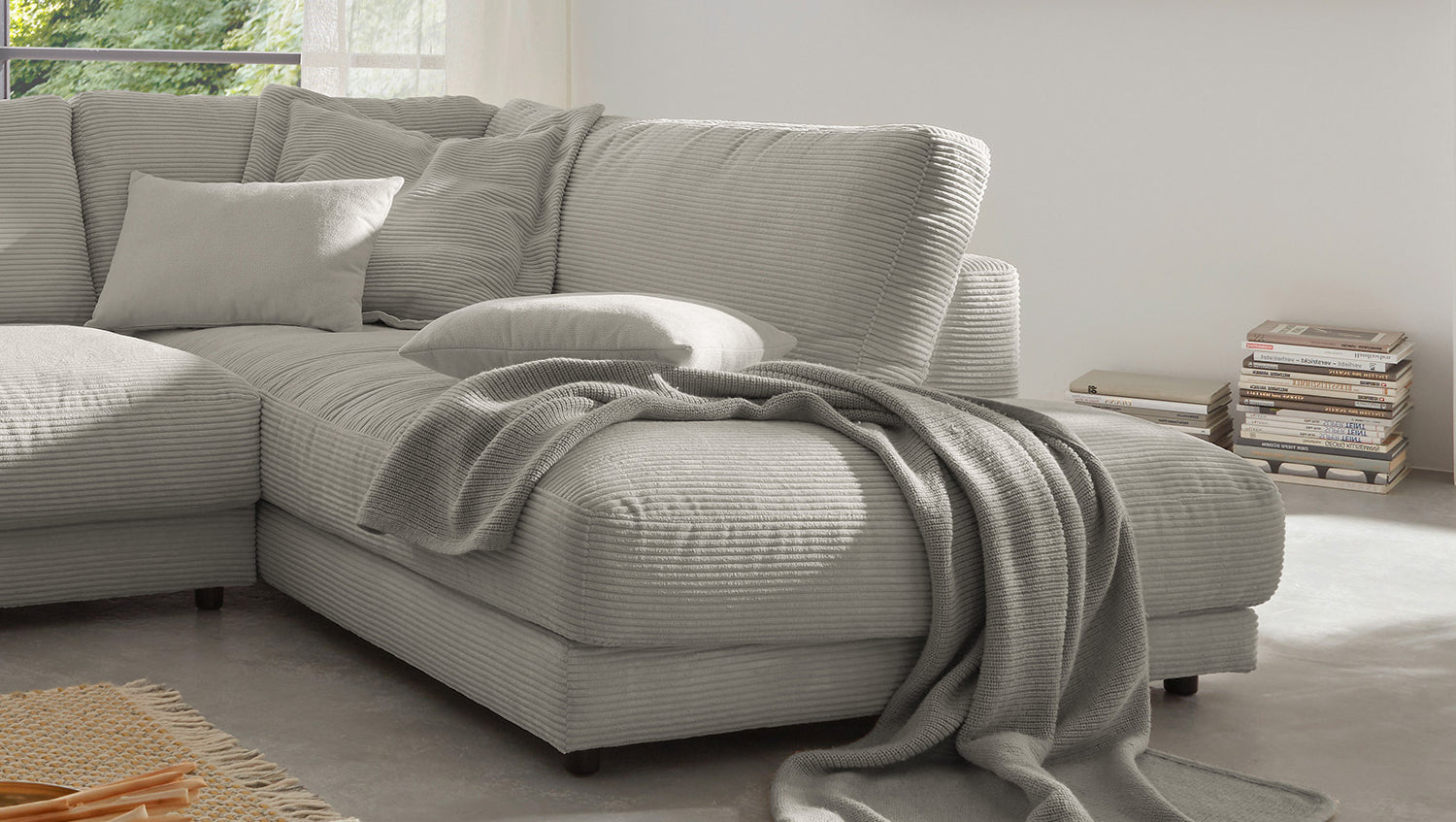 B-Ware KAWOLA Sofa MADELINE Ecksofa Cord steingrau Recamiere rechts