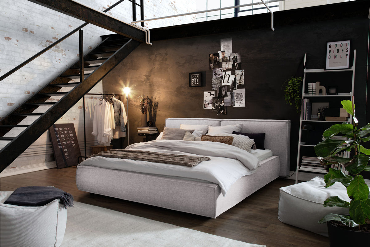 KAWOLA Bett CARLO Polsterbett Stoff hellgrau, 200 x 180 cm