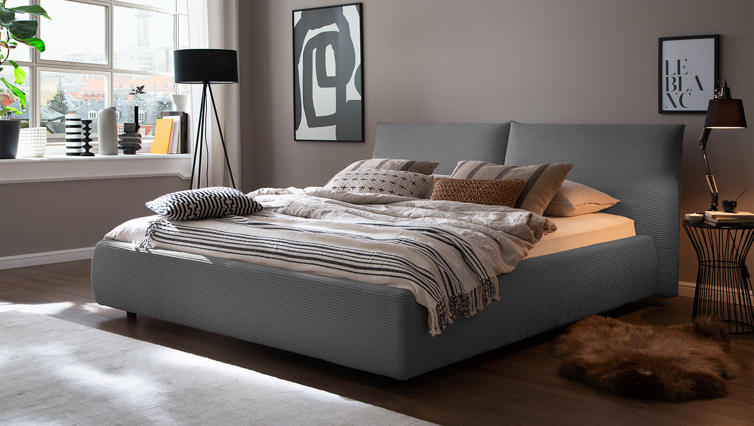 KAWOLA Bett HENRY Polsterbett Cord grau, 200 x 180 cm