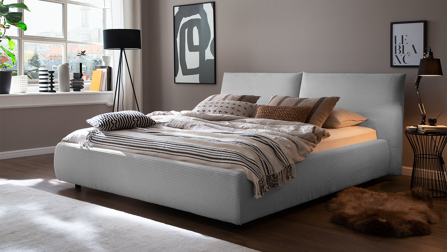 KAWOLA Bett HENRY Polsterbett Cord hellgrau, 200 x 140 cm