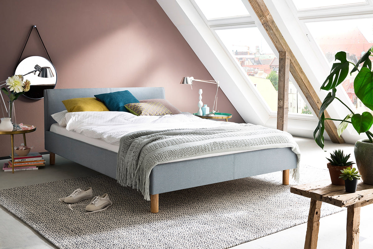 KAWOLA Bett LEO Polsterbett Stoff blau, 200 x 140 cm