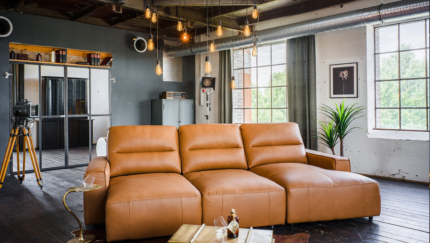 KAWOLA Big Sofa DORI motorischer Sitzvorzug Leder cognac