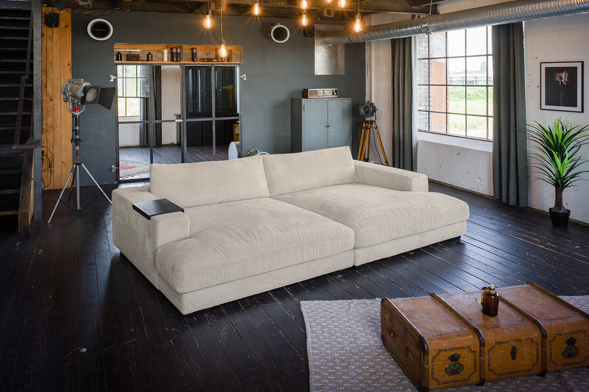 KAWOLA Big Sofa MADELINE Cord cremeweiß mit Hocker und 4 Zierkissen