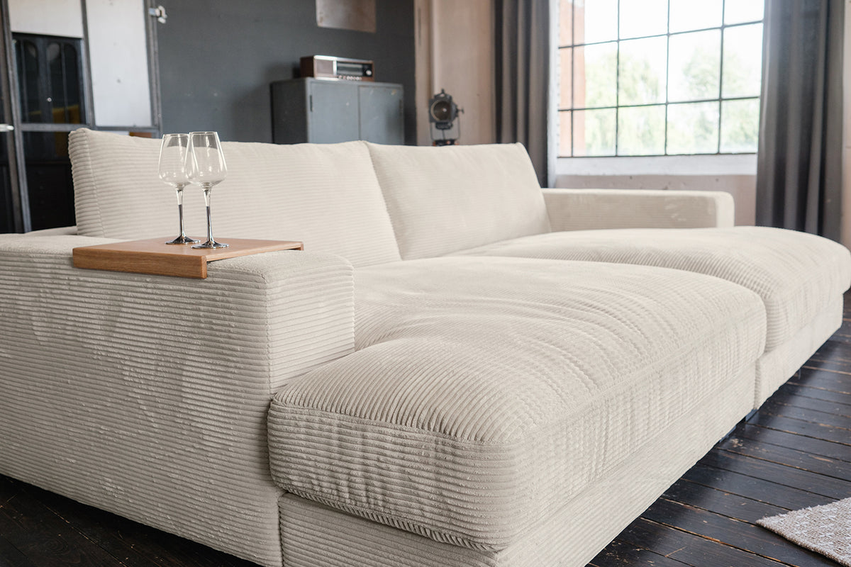 KAWOLA Big Sofa MADELINE Cord cremeweiß mit Hocker und 4 Zierkissen