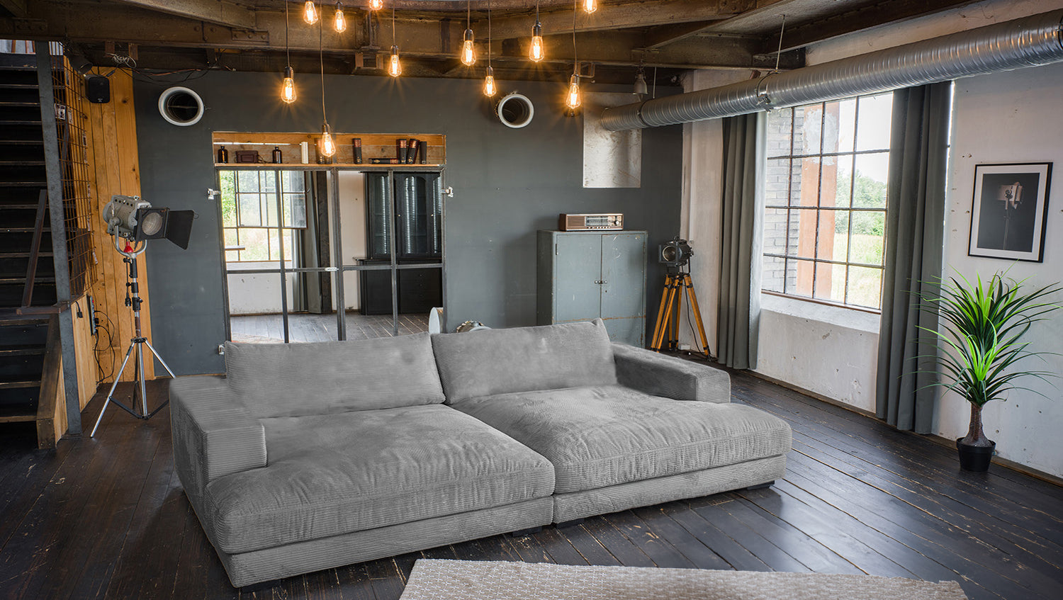 KAWOLA Big Sofa MADELINE Cord grau, 290 x 170, ohne Holztablett
