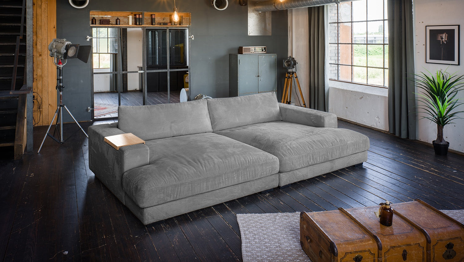 KAWOLA Big Sofa MADELINE Cord grau, 290 x 190, mit Holztablett natur