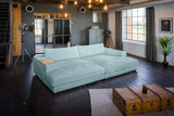 KAWOLA Big Sofa MADELINE Cord hellblau, 290 x 170, mit Holztablett natur