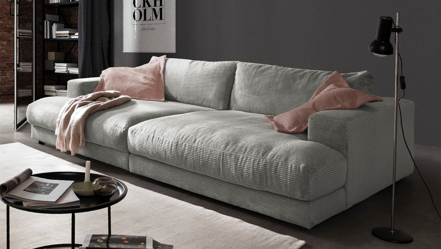 KAWOLA Big Sofa MADELINE Cord hellgrau