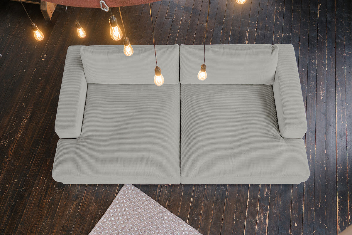 KAWOLA Big Sofa MADELINE Cord hellgrau mit Hocker und 4 Zierkissen