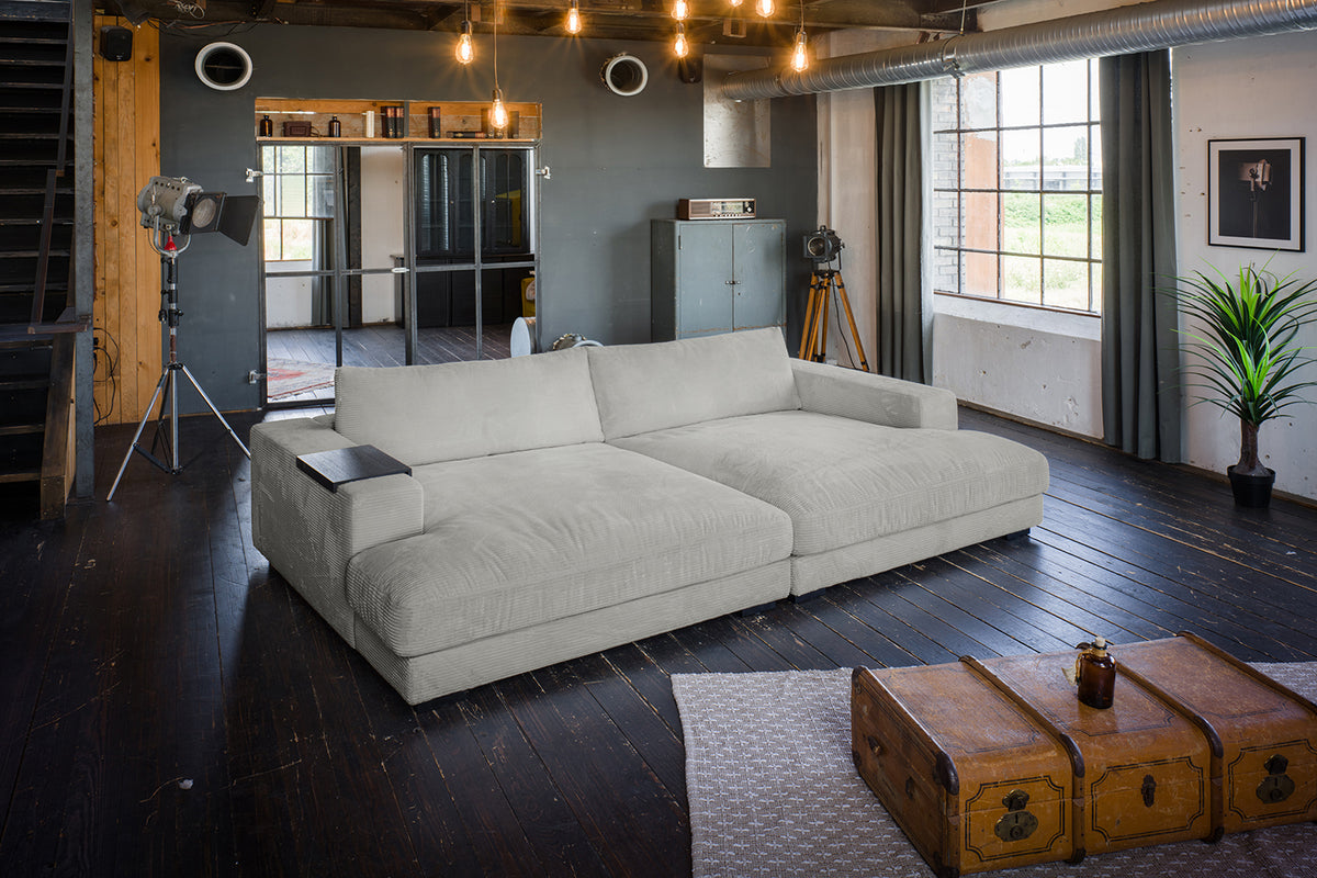 KAWOLA Big Sofa MADELINE Cord hellgrau mit Hocker und 4 Zierkissen