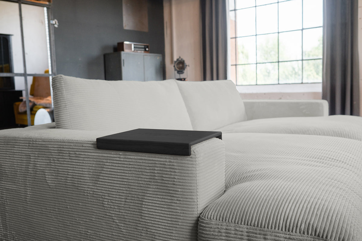 KAWOLA Big Sofa MADELINE Cord hellgrau mit Hocker und 4 Zierkissen
