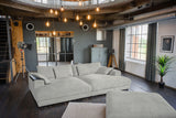 KAWOLA Big Sofa MADELINE Cord hellgrau mit Hocker und 4 Zierkissen, mit Holztablett schwarz