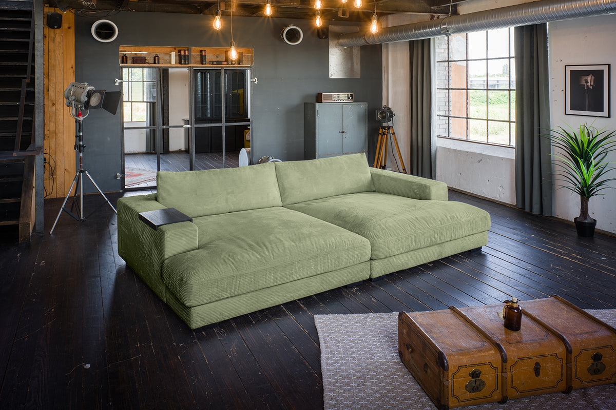 KAWOLA Big Sofa MADELINE Cord olivgrün, 290 x 170, mit Holztablett schwarz