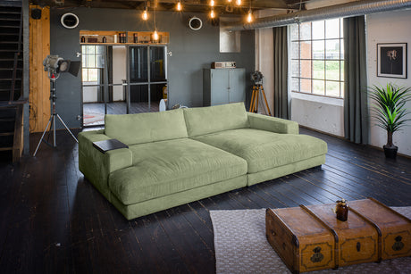KAWOLA Big Sofa MADELINE Cord olivgrün, 290 x 190, mit Holztablett schwarz