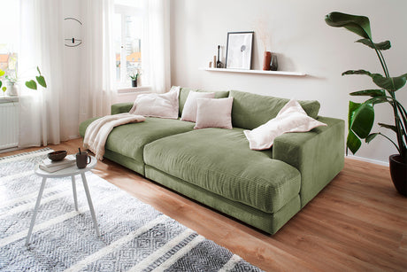 KAWOLA Big Sofa MADELINE Cord olivgrün, 290 x 190, ohne Holztablett