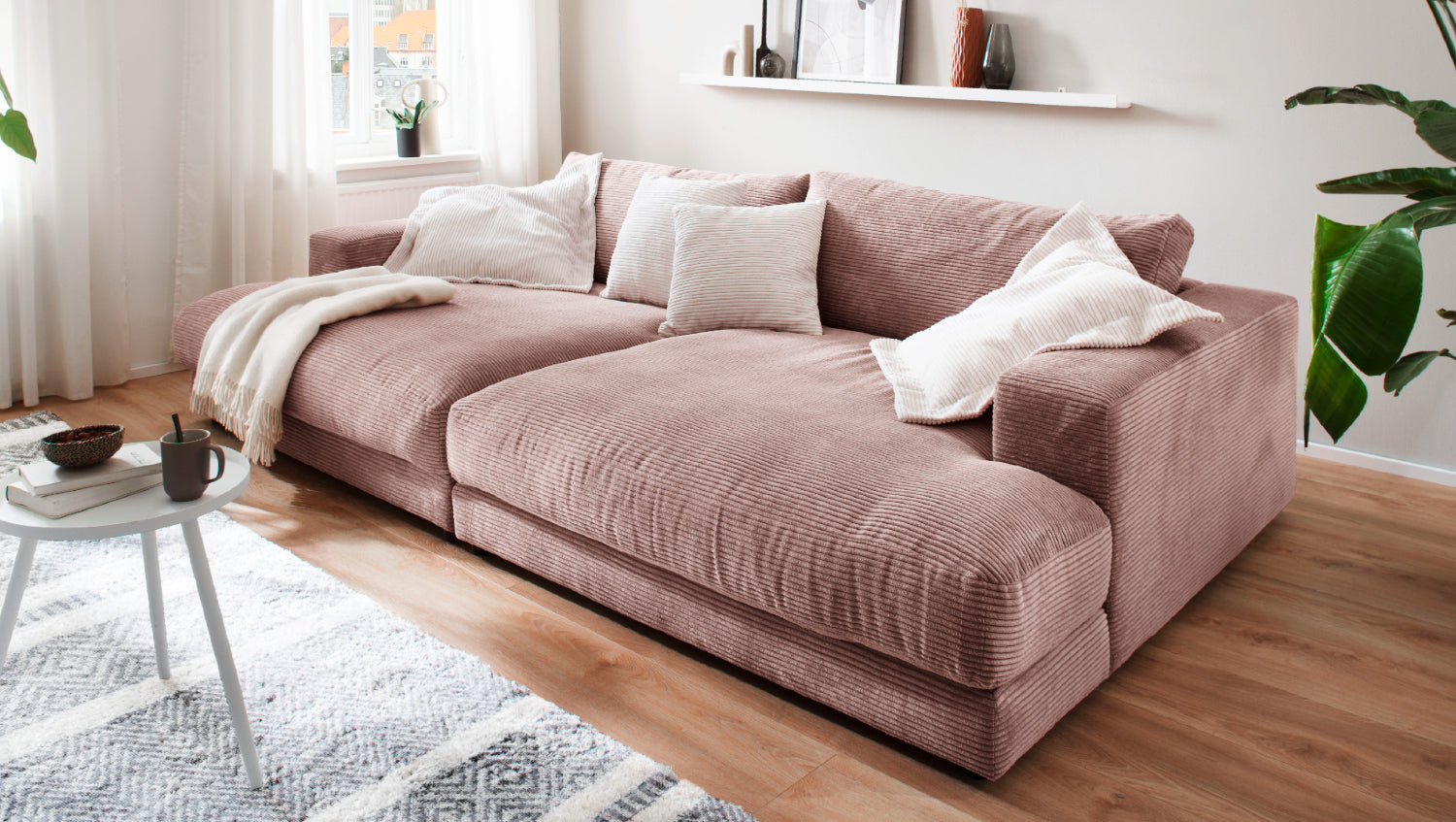 KAWOLA Big Sofa MADELINE Cord rosa, 290 x 170, ohne Holztablett