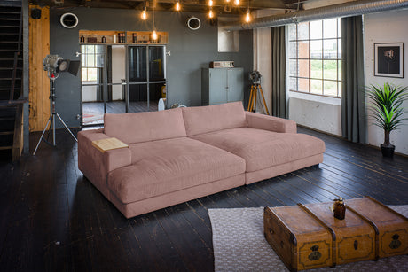 KAWOLA Big Sofa MADELINE Cord rosa, 290 x 190, mit Holztablett natur