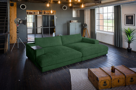 KAWOLA Big Sofa MADELINE Cord smaragd, 290 x 190, mit Holztablett schwarz