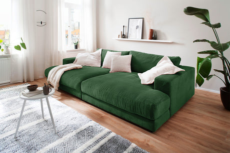 KAWOLA Big Sofa MADELINE Cord smaragd, 290 x 190, ohne Holztablett