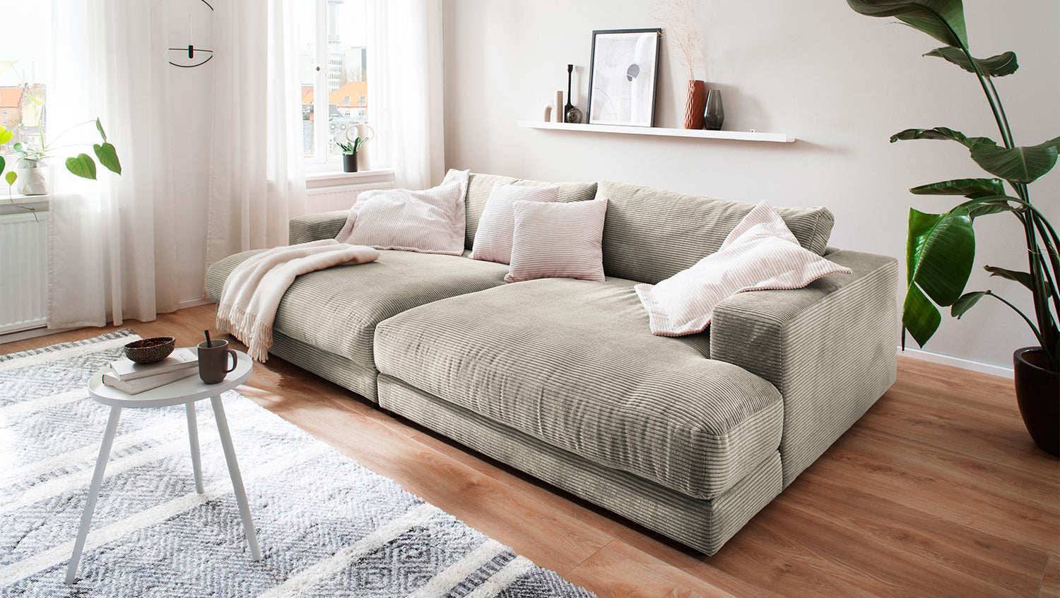 KAWOLA Big Sofa MADELINE Cord steingrau, 290 x 190, ohne Holztablett