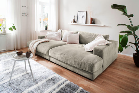 KAWOLA Big Sofa MADELINE Cord steingrau, 290 x 190, ohne Holztablett