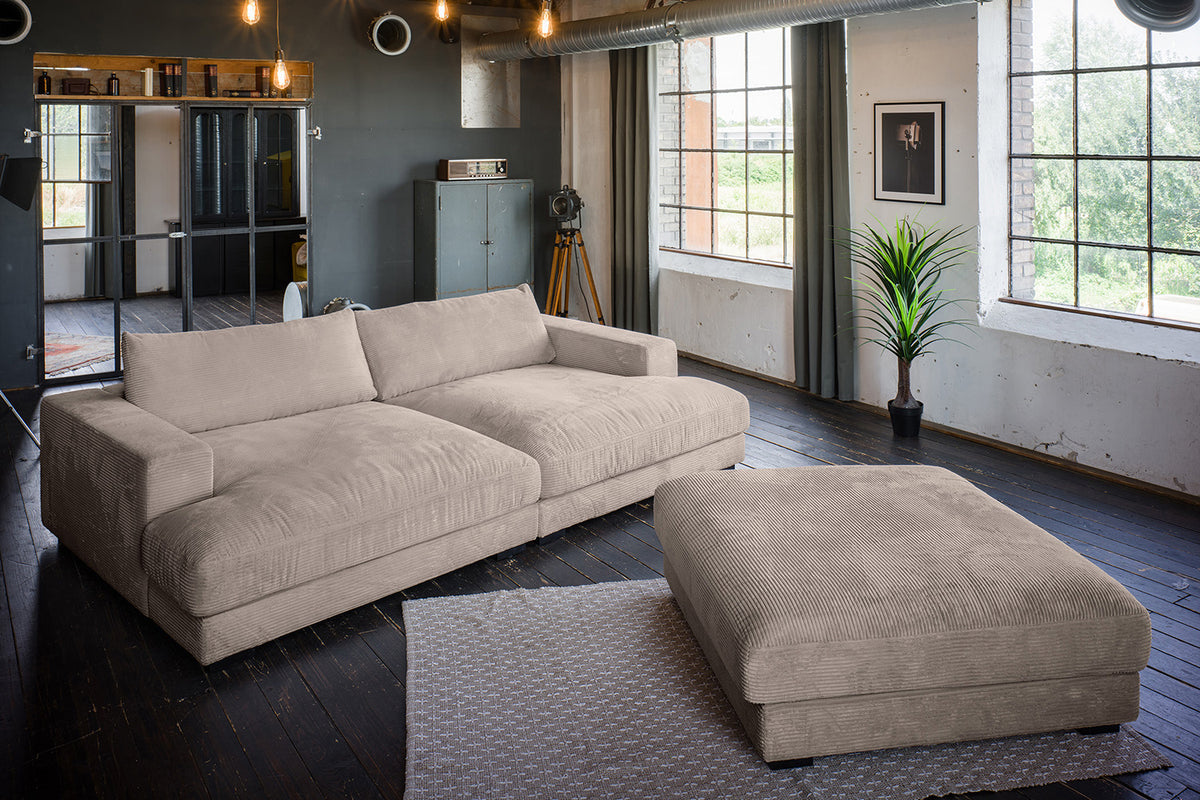 KAWOLA Big Sofa MADELINE Cord taupe mit Hocker und 4 Zierkissen