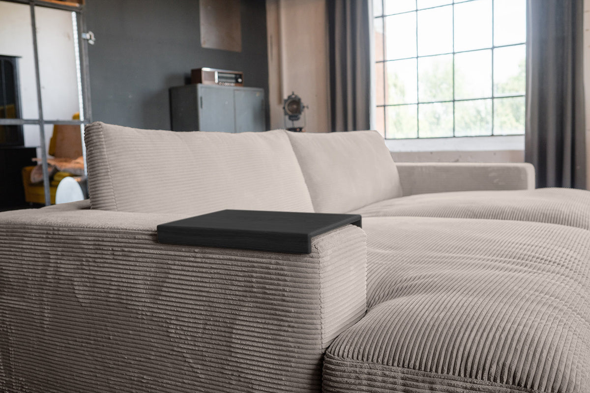 KAWOLA Big Sofa MADELINE Cord taupe mit Hocker und 4 Zierkissen
