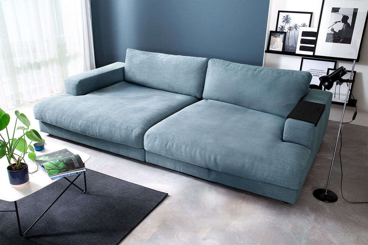 KAWOLA Big Sofa MADELINE Stoff petrol, 290 x 190, mit Holztablett schwarz