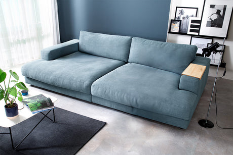 KAWOLA Big Sofa MADELINE Stoff petrol, 290 x 190, mit Holztablett natur