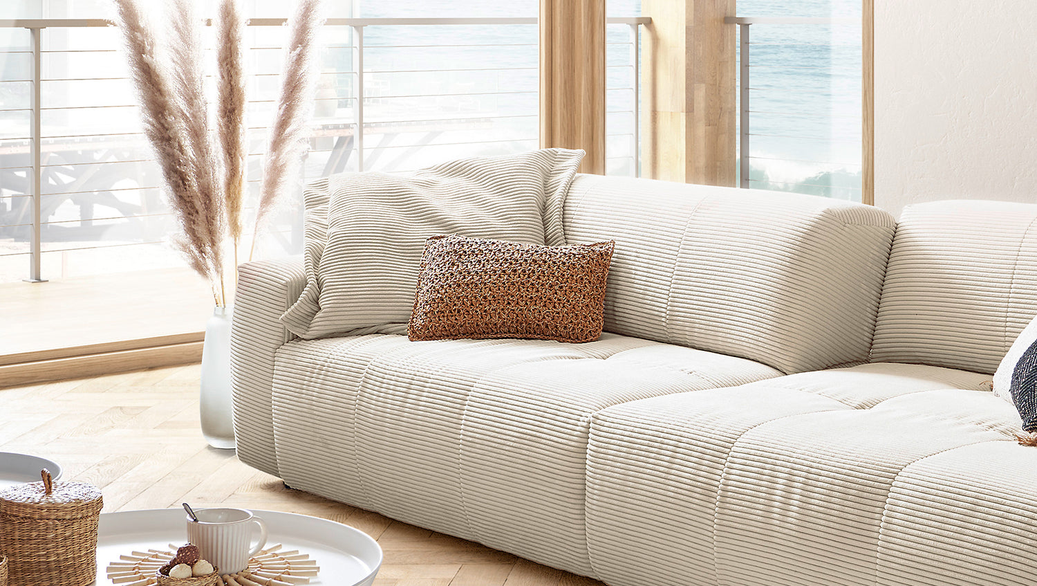 KAWOLA Big Sofa PALACE 3-Sitzer mit Sitztiefenverstellung Cord cremeweiß