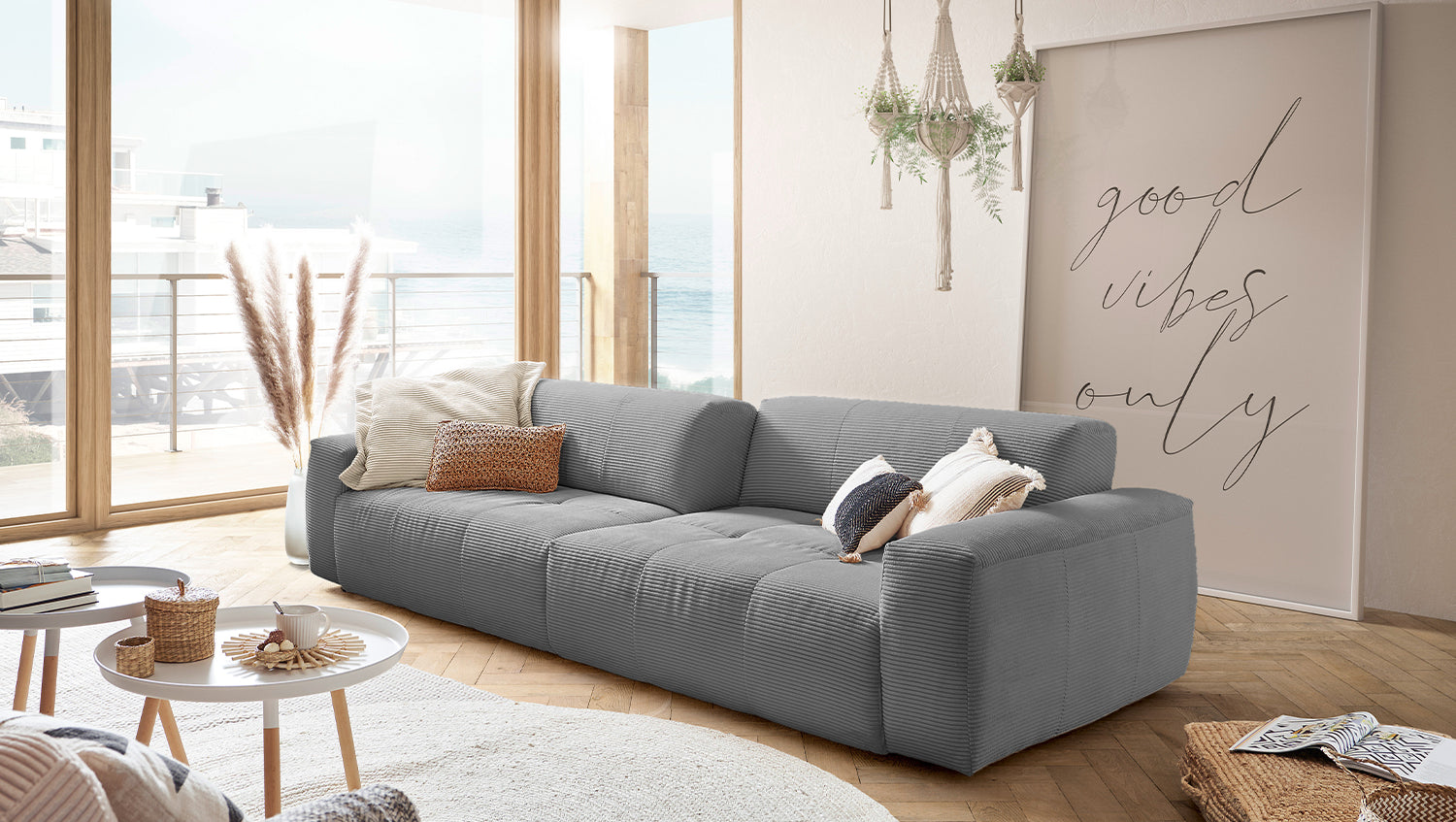 KAWOLA Big Sofa PALACE 3-Sitzer mit Sitztiefenverstellung Cord grau