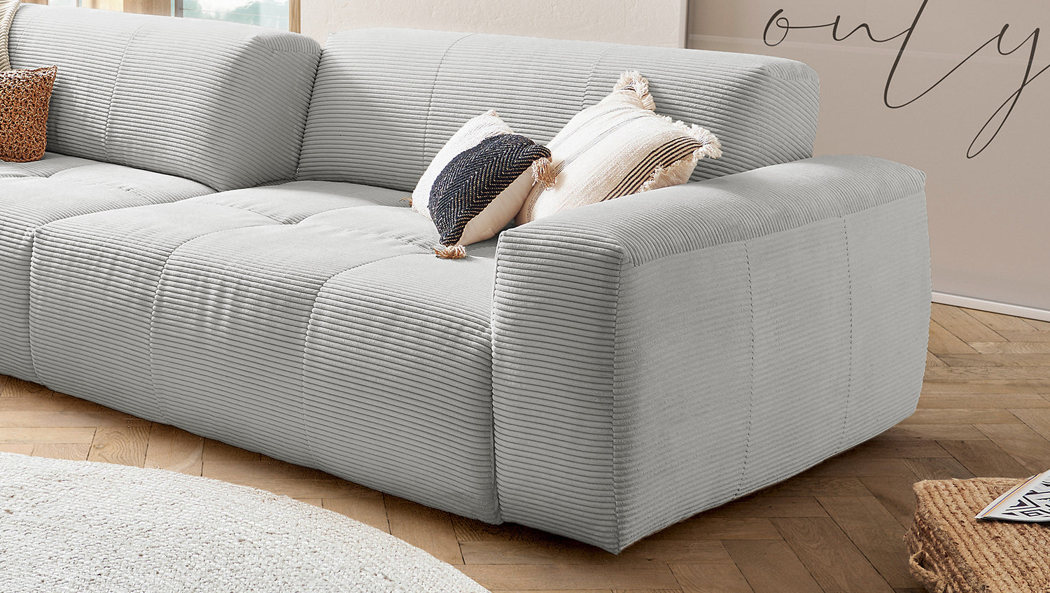 KAWOLA Big Sofa PALACE 3-Sitzer mit Sitztiefenverstellung Cord hellgrau