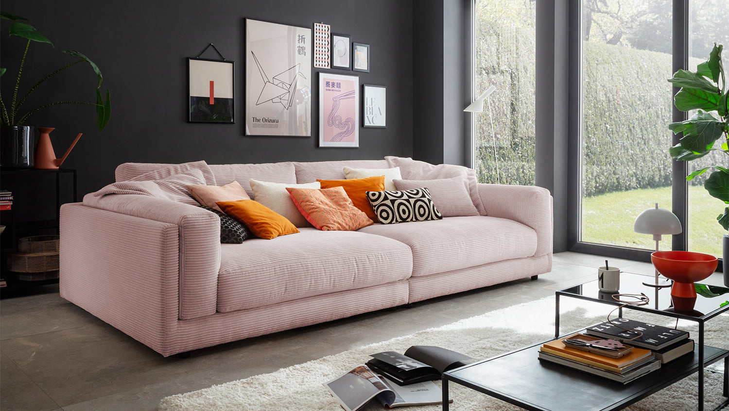 KAWOLA Big Sofa RAINA Cord rosa, 254 x 150