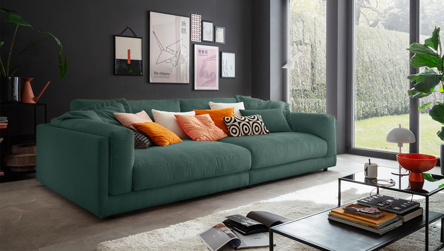 KAWOLA Big Sofa RAINA Cord smaragd, 254 x 150