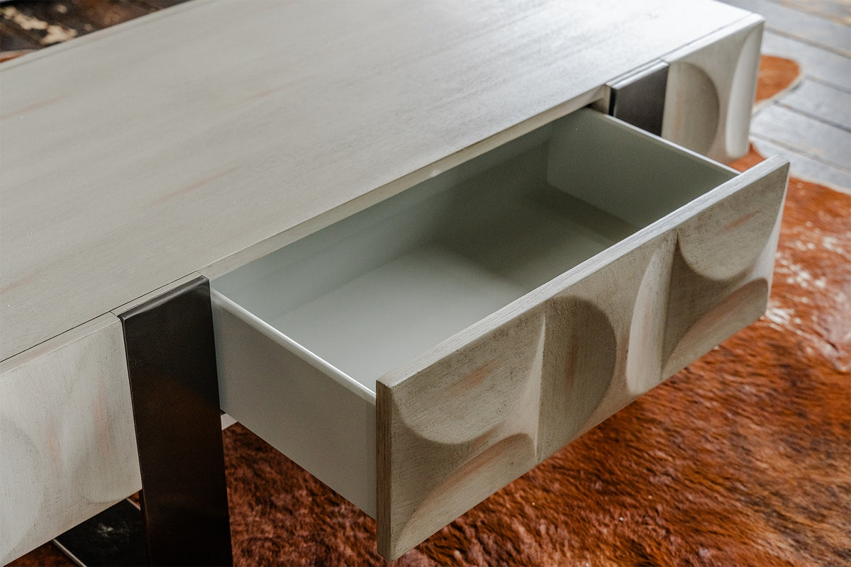 KAWOLA Couchtisch MARGO 1 Schublade Ulme furniert grau Fuß Edelstahl gebürstet