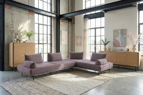 KAWOLA Ecksofa CANE Schlafsofa Daybed Stoff lila, mit 2 Armlehnkissen