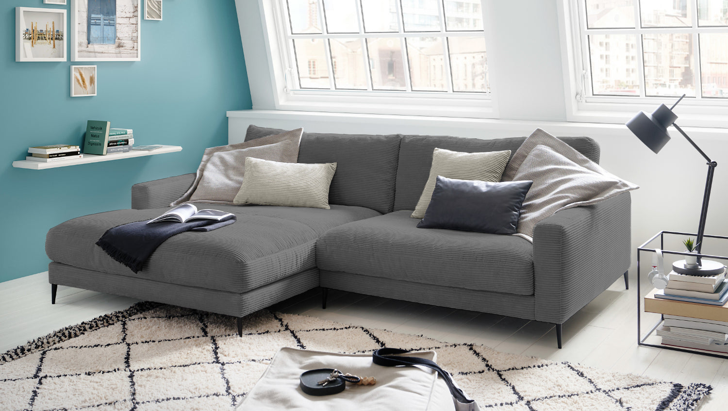KAWOLA Ecksofa CARA Sofa Cord grau, Links