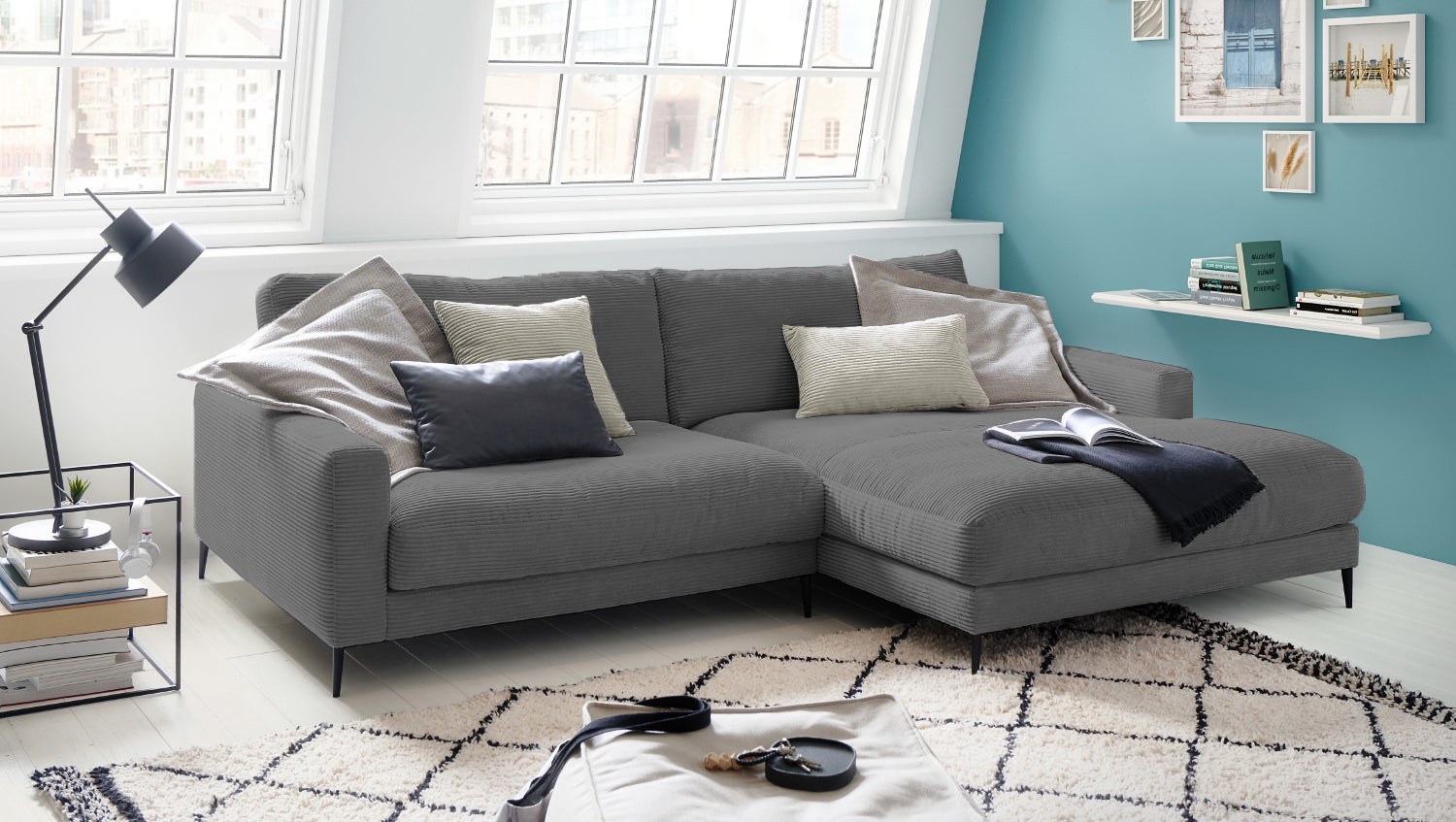 KAWOLA Ecksofa CARA Sofa Cord grau, Rechts