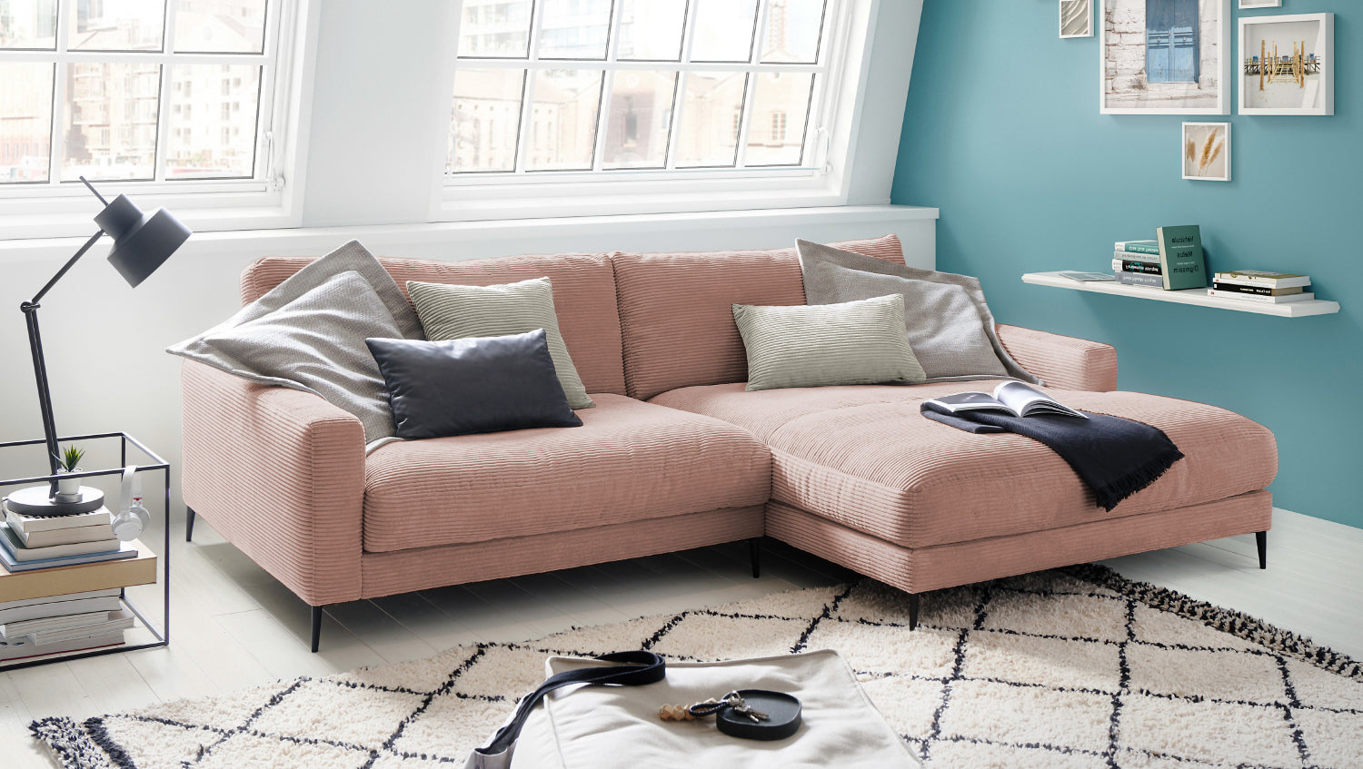 KAWOLA Ecksofa CARA Sofa Cord rosa, Rechts